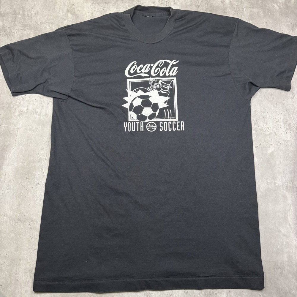Vintage 80s Black Screen Stars Coca Cola Soccer Shirt YMCA Single Stitch XL Coke